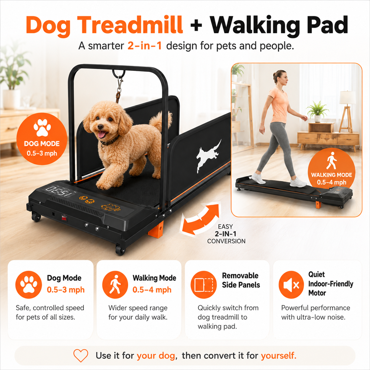 Dog treadmill with walking pad promotional graphic showing a small tan dog running on the treadmill and a woman walking beside it, with text highlighting dog mode, walking mode, easy 2-in-1 conversion, removable side panels, and quiet indoor-friendly motor performance.