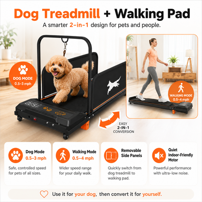 Dog treadmill with walking pad promotional graphic showing a small tan dog running on the treadmill and a woman walking beside it, with text highlighting dog mode, walking mode, easy 2-in-1 conversion, removable side panels, and quiet indoor-friendly motor performance.