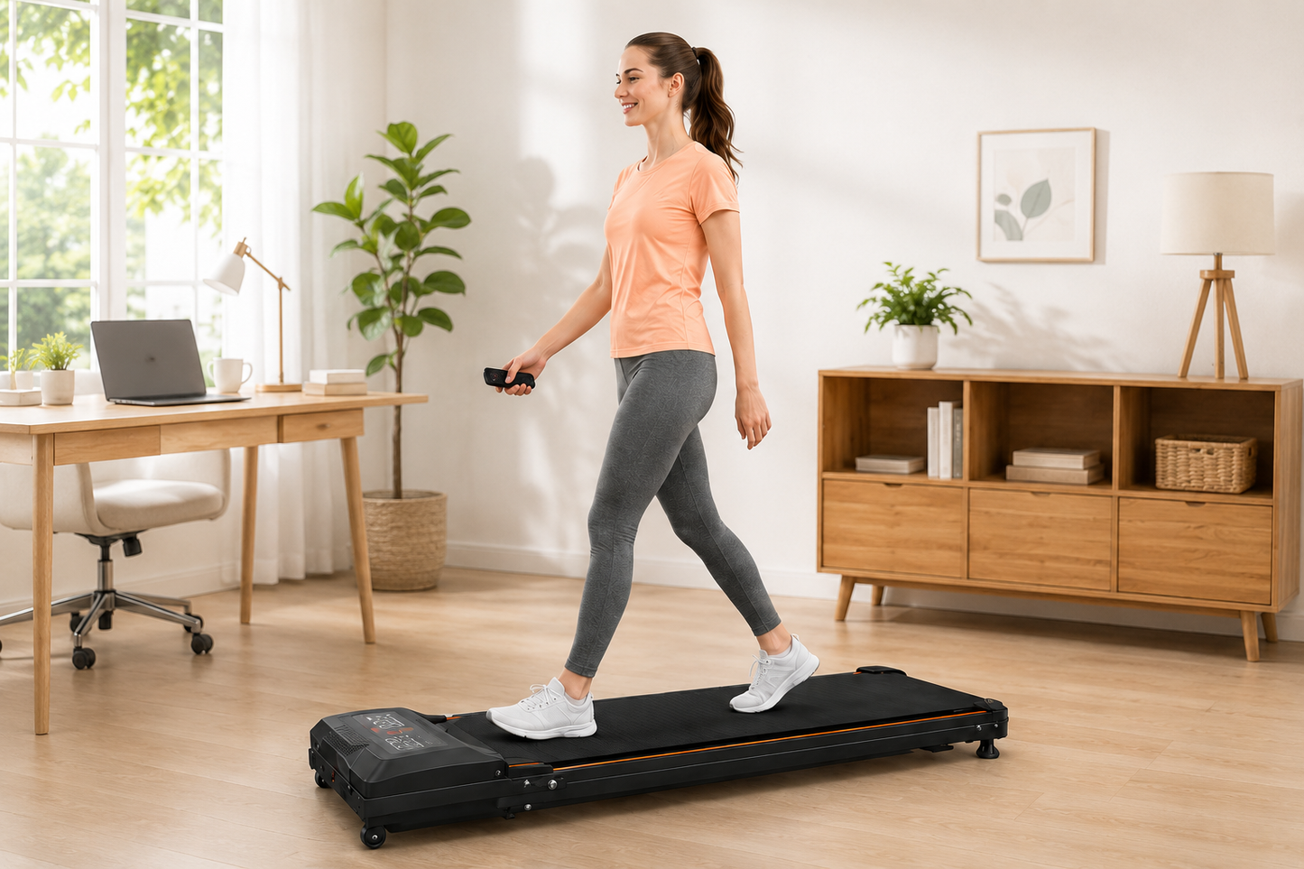 A woman in a peach t-shirt and gray leggings walks on a black folding treadmill in a bright, modern home office with wooden floors, a desk, and a cabinet.
