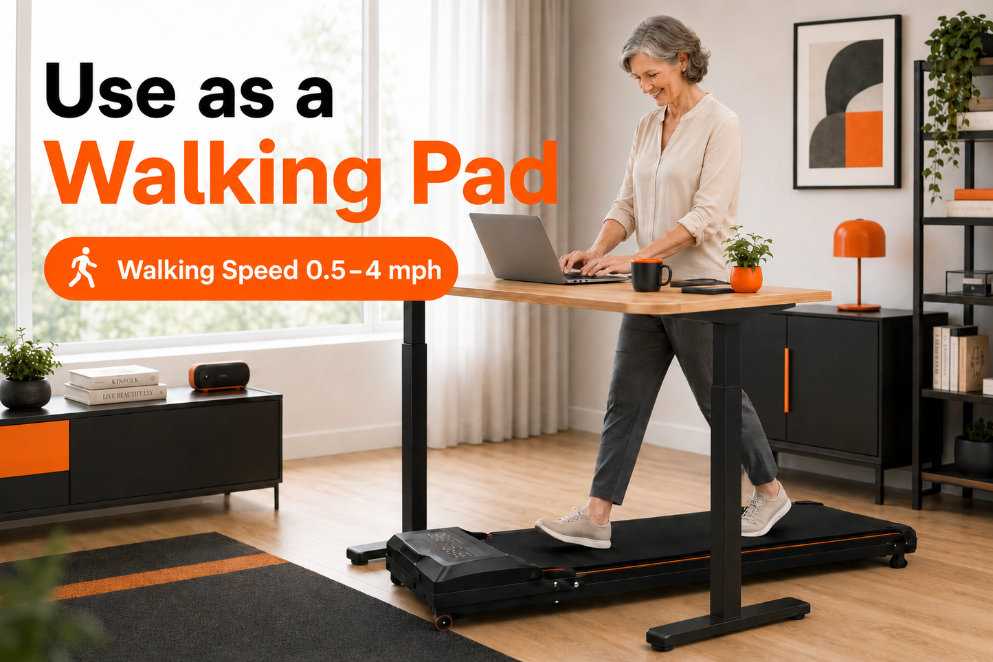 A woman walks on a black treadmill-style standing desk in a bright home office, using a laptop on the desktop. Large text on the left reads 'Use as a Walking Pad' with an orange speed badge.