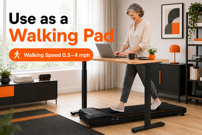 A woman walks on a black treadmill-style standing desk in a bright home office, using a laptop on the desktop. Large text on the left reads 'Use as a Walking Pad' with an orange speed badge.