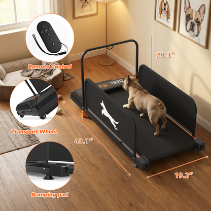 Dog treadmill with remote control, transport wheel, and damping pad in a home setting.