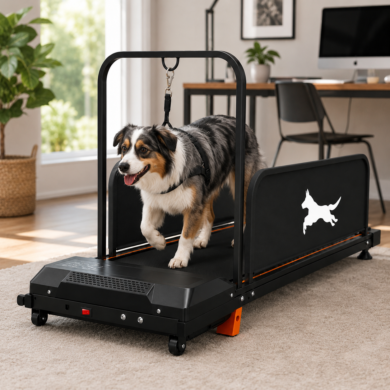 A dog treadmill with a black frame and side panel featuring a white dog silhouette, shown in a home office setting with a dog walking on it.