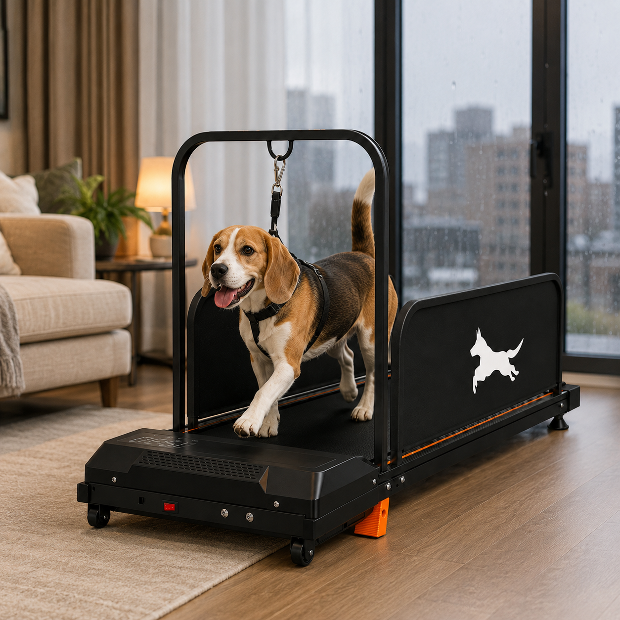 A beagle dog walks on a black indoor treadmill with a harness attachment in a modern living room with large windows and a city view.