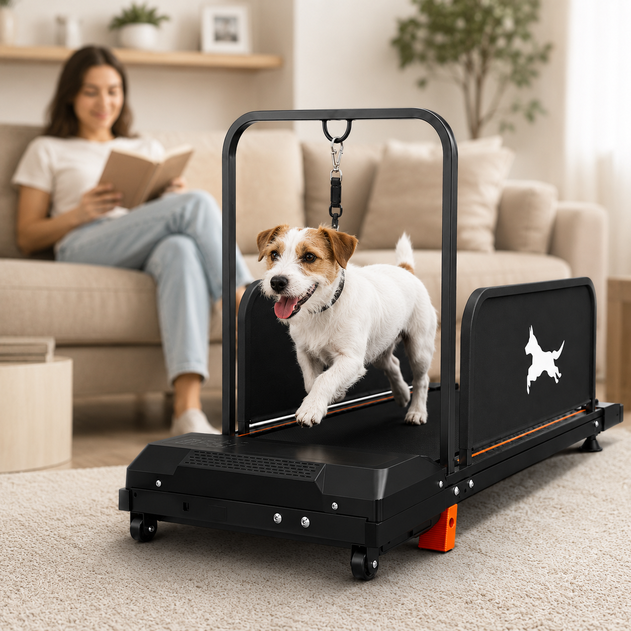 A small white and tan dog runs on a black pet treadmill in a living room, with a woman sitting on a beige sofa in the background reading a book.