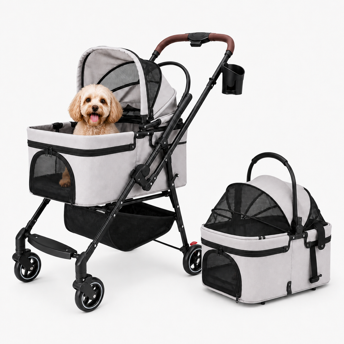 A pet stroller and matching pet carrier set shown on a clean white studio background. The stroller has a small fluffy light brown dog sitting inside, and a separate carrier is placed beside it.