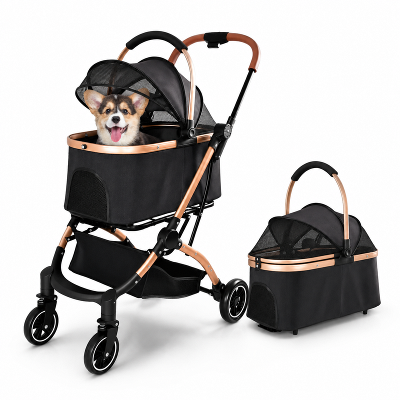 A black and rose gold pet stroller with a small dog sitting inside, shown alongside its matching folded stroller bag on a clean white background.
