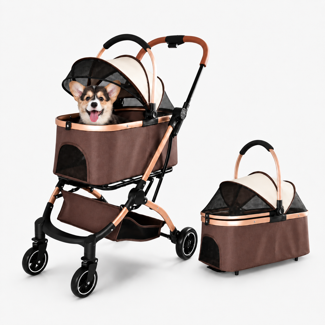 A brown and rose gold pet stroller with a small dog sitting inside, shown alongside its matching standalone pet bed on a clean white background.