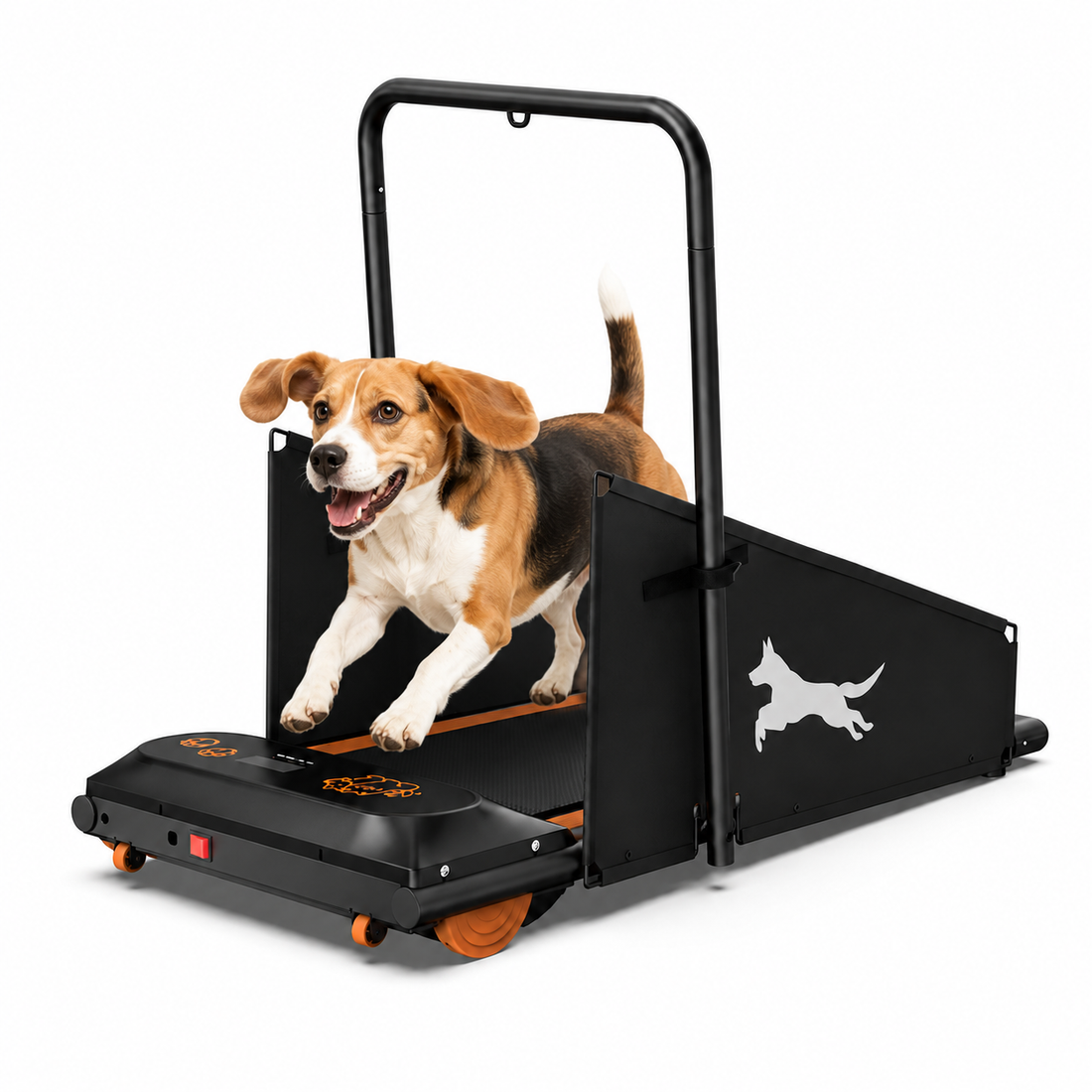 Foldable dog treadmill for small and medium dogs with remote control and safety side panels.